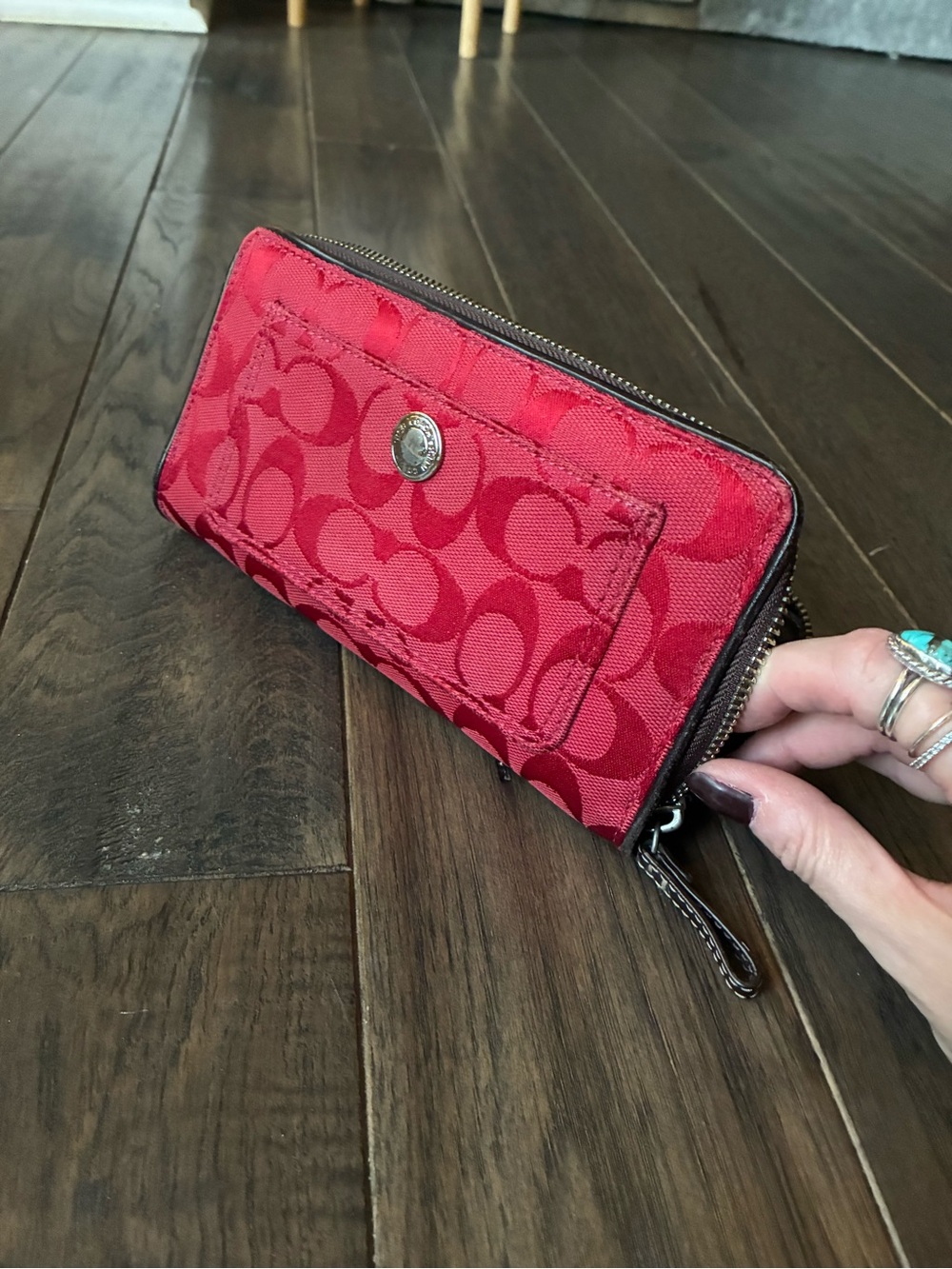 Coach Signature Jacquard Red Zip Around Wallet Leather Trim - Picture 13 of 15